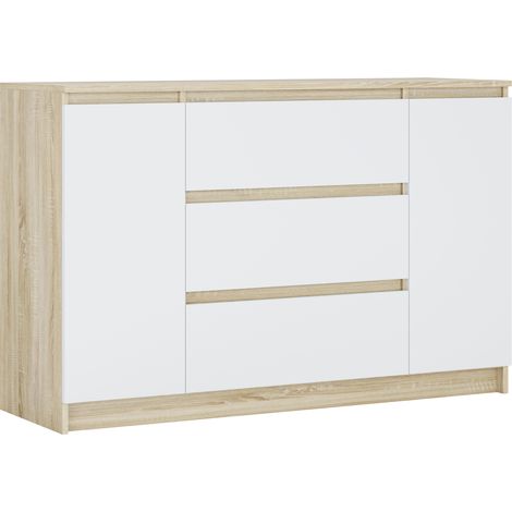 Commode : Chêne Sonoma / Blanc Mat, 120 x 39 x 78 cm, 2 portes, 3 tiroirs (1/5)