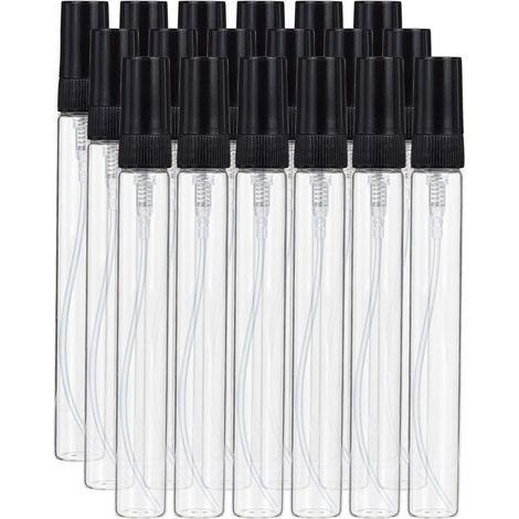 Packung mit 15 Mini-Fläschchen à 10 ml mit feinem Sprühnebel, Klarglas mit schwarzem Verschluss für Parfüm und Toilettenartikel. (1/4)