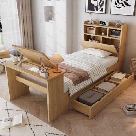 Lit enfant 90x200 cm avec rangement, bureau escamotable et étagère HAVRYA (1/5)
