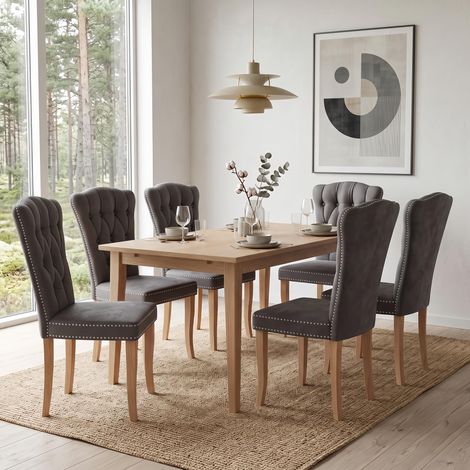 Lot de 6 Chaises Moyen Siècle - Chaise de Cuisine Rembourrée - Pieds Bois Massif et Rivets - Chaise rétro campagne, flanelle Gris (1/5)