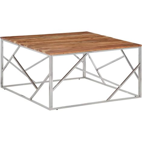 vidaXL Table basse argenté acier inoxydable et bois massif d'acacia (1/5)