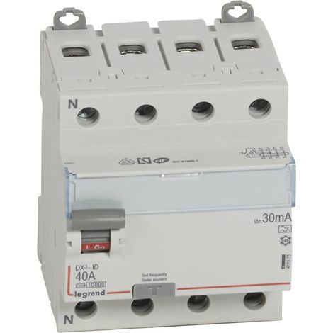 Interrupteur différentiel DX³-ID arrivée haute et départ bas à vis - 4P 400V 40A typeA 30mA - 4 modules - 411675 - LEGRAND