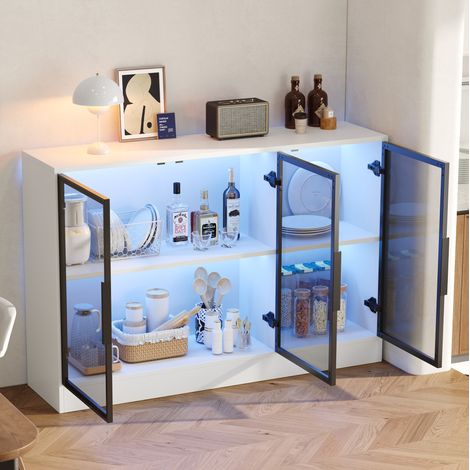 Vitrine en verre gris avec éclairage LED multicolore, panneau de particules blanc et portes à fermeture douce, 120 x 30 x 73 cm, pour salon, salle à manger ou bureau - CHICFURN (1/5)