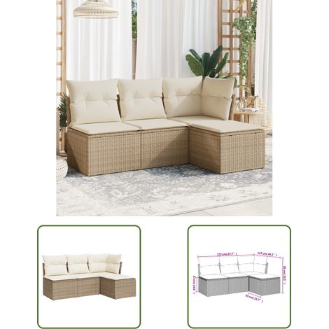 The Living Store Salon de jardin avec coussins 4 pcs beige résine tressée - Ensemble Salon De Jardin - Mobilier De Jardin - Salon Extérieur - Canapé Jardin - Chaise Lounge (1/3)