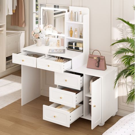 Coiffeuse avec miroir LED 80x39,8x127 cm, 5 tiroirs, 1 porte et 3 étagères, rangement, bambou et blanc (1/5)