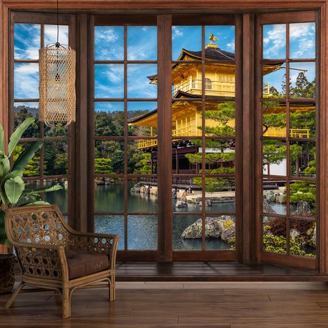 Papier peint panoramique Trompe l'oeil Fenêtre en bois - Temple Japonais - 130 cm x 104 cm (1/5)