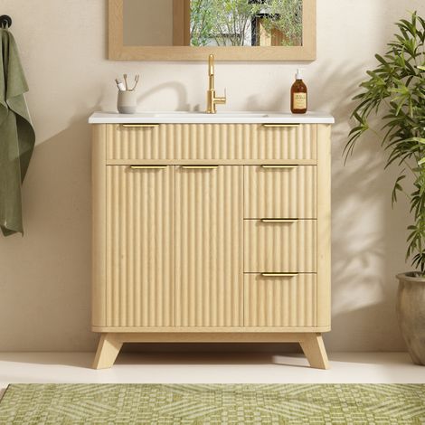 Mobile lavabo 81 cm con 3 cassetti, doppia anta e lavabo in ceramica naturale HAVRYA (1/5)
