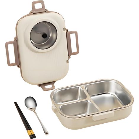 Coffret repas Bento en acier inoxydable 304 - Boîte à repas portable et étanche pour adultes avec baguettes, cuillère et bol à soupe - Cadeau idéal pour la famille et les amis (Beige) (1/4)