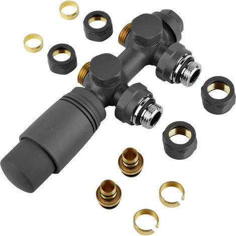 Kit multibloque para conexión de radiador central, válvula de 50 mm, válvulas termostáticas universales, color antracita. (1/4)