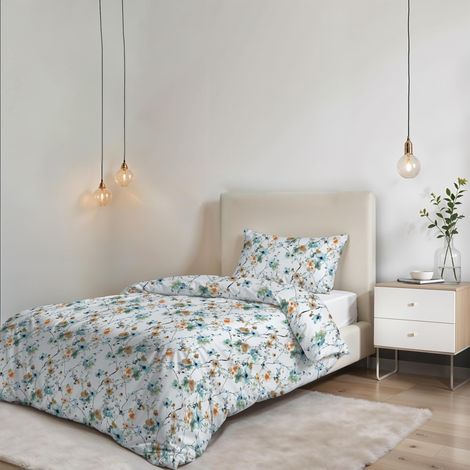 Parure de Housse de Couette sans Repassage - Ensemble Housse de Couette - Lit 1 Place, Microfibre - Housse 150x200 cm + Rabat et 1 taie d'oreiller 50x80 cm - Ramage (1/5)
