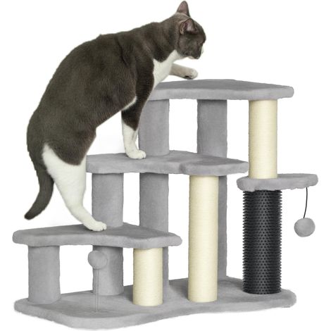 Arbre à chat tour à manche hauteur de 50 cm avec plaques-formes boules peluche pour chat de moins de 5 kg gris clair