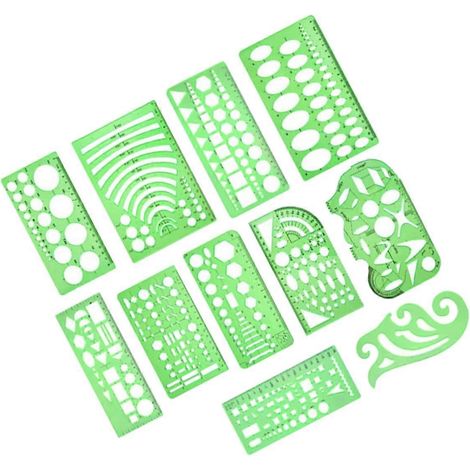 Ensemble de 11 pochoirs géométriques, règle en plastique transparent (1/5)