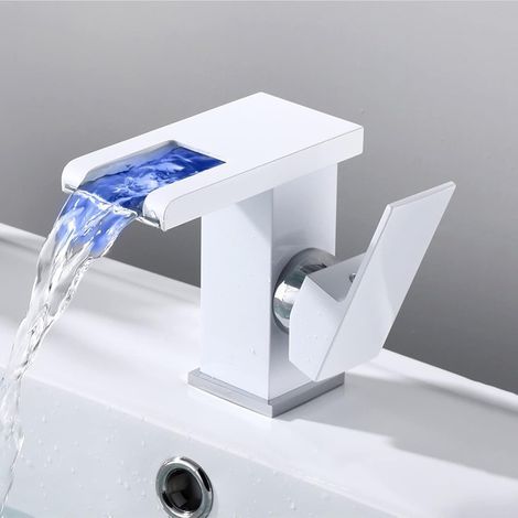 Robinet de lavabo de salle de bain, robinet cascade LED, robinet mitigeur, couleurs RGB changeantes, alimenté par le débit d'eau, blanc (1/5)