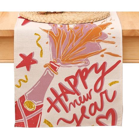 Chemin de table « Bonne année ». nappe noire et or à pois et étoiles. décoration pour la maison et la cuisine. ambiance champêtre. linge de table en toile de jute pour les fêtes d'hiver 2026 (1/5)