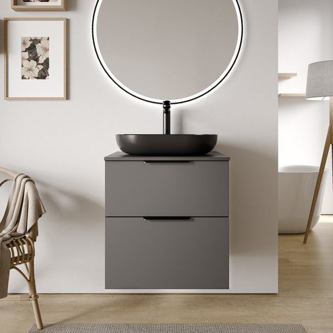 Waschtischunterschrank Bernstein TIM 60 cm für Aufsatzwaschbecken Badmöbel: Anthrazit matt, Metallgriff: Chrom, Waschtischplatte: Schwarz matt