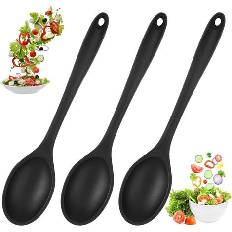 Silikon-Küchenlöffel-Set mit 3 Stück – schwarze Silikonlöffel mit Antihaftbeschichtung, 20,3 cm langer Griff, BPA-frei, zum Kochen, Backen und Mischen (1/5)