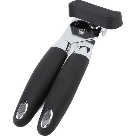 Ouvre-boîte manuel portatif en acier inoxydable, facile à utiliser, multifonctionnel, pour la cuisine, avec poignée en plastique noir. (1/5)