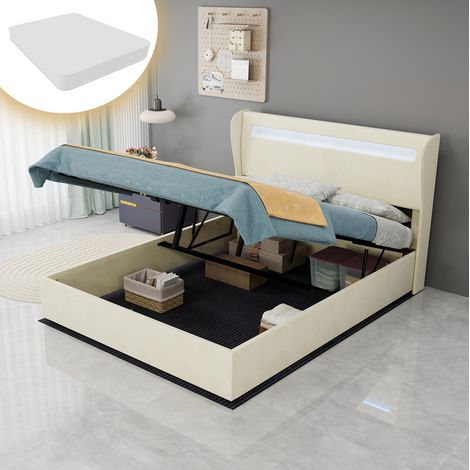 Cama tapizada moderna 140x200 cm beige con cabecero regulable y LED integrado, estructura de metal (1/5)