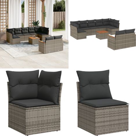10-tlg. Garten-Sofagarnitur mit Kissen Grau Poly Rattan - Gartenmöbel - Outdoor-Set - Rattan Gartenset - PE-Rattan - Esstisch Set - Home & Living (1/5)
