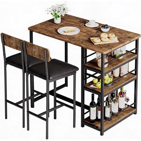 Ensemble table de bar pratique pour 2 personnes – Table avec 3 étagères, 2 chaises rembourrées, idéal cuisine, appartement ou coin petit-déjeuner – Couleur rétro, set 1+2 (1/5)