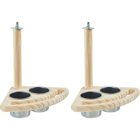 Perchoir en bois avec mangeoires intégrées, accessoire pour cage de petits perroquets calopsittes. (1/4)