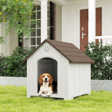 Caseta para Perros Exterior Casa para Perros Grandes de Plástico con 2 Ventanas Base Elevada Estacas Marrón Oscuro (1/5)