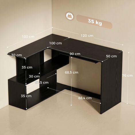 Bureau d'angle en L, 120x100x76 cm, poste de travail informatique avec support clavier, 4 étagères ouvertes, noir (1/4)