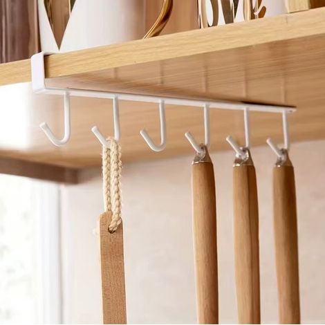 Étagère suspendue avec rail – Pour tasses, mugs et gobelets – Crochets inclus – Polyvalente (vêtements, ustensiles) – Organisateur de cuisine – Lot de 2 – Blanc (1/5)