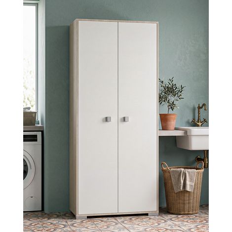 Armadio multiuso Sonia 2 ante - Mobile portascopa salvaspazio - 6 ripiani interni e un vano portascope - Colore ante Bianco e struttura Olmo - 75x180x35 cm (1/5)
