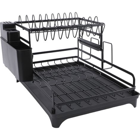 Égouttoir à vaisselle noir minimaliste en acier au carbone, gain de place, 2 niveaux, pour plan de travail de cuisine (1/5)