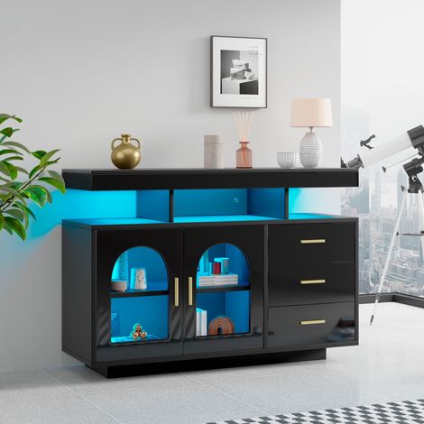 Meuble-bar buffet 120x40x80cm laqué brillant noir avec 16 lumières LED colorées, tiroirs, pour salon et salle à manger (1/5)