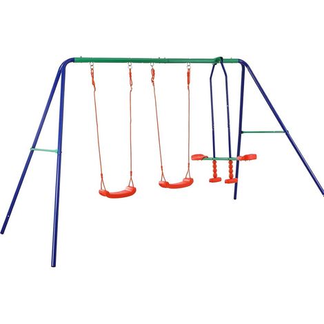 Altalena da Giardino per Bambini Dondolo 4 Posti Con Cavalluccio per Esterno Blu (1/5)