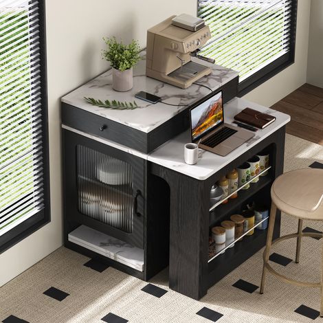Îlot de cuisine sur roulettes, table à manger extensible avec plateau amovible, table de bar avec multiprises, noir
