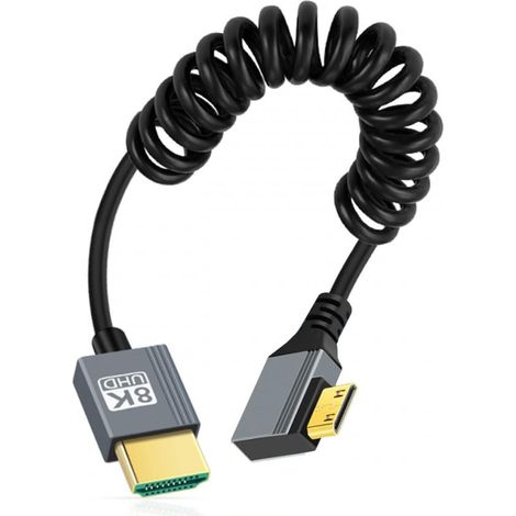 Câble Mini HDMI 2.1 mâle vers HDMI mâle 8K 60 Hz Câble spiralé extensible coudé à 90 degrés pour moniteur d'ordinateur portable HDTV (1/5)