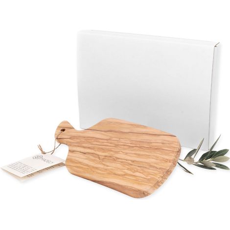 Lupia Tagliere in Legno di Ulivo irregolare con Manico Piccolo 11x21 cm, spessore 1,5 cm, Elegante e Versatile per Cucina, Aperitivi, Degustazioni e Bomboniere per Eventi Speciali, scatola Bianca (1/4)