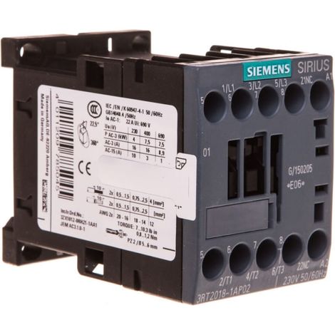 Contactor de potencia 16A 3P 230V CA 0Z 1R S00 3RT2018-1AP02