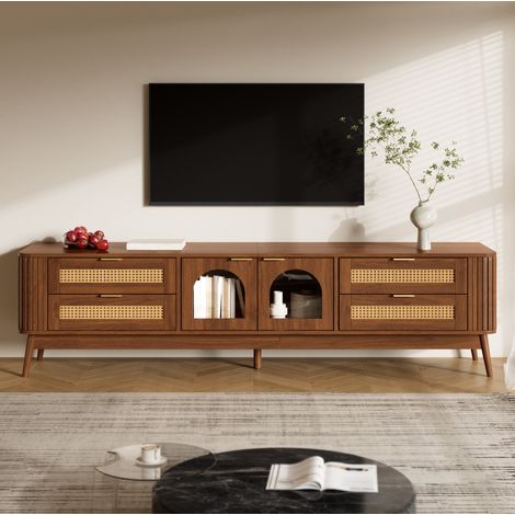 Meuble TV 180 cm avec 4 tiroirs, 2 portes en verre sécurisé et LED contrôlable, noyer (1/5)