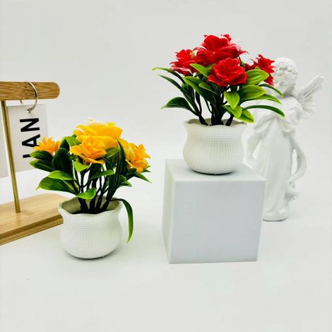 Sollbry 2 pièces Réaliste Faux Rose Décor Simulé Fleur en Pot Plantes Artificielles 5 Tête Bureau À Domicile Table Pièce Maîtresse De Mariage Faux Floral (1/5)