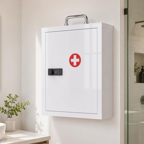 Armoire à pharmacie murale avec serrure à combinaison, 3 niveaux, armoire de premiers secours verrouillable en acier, blanche (1/4)