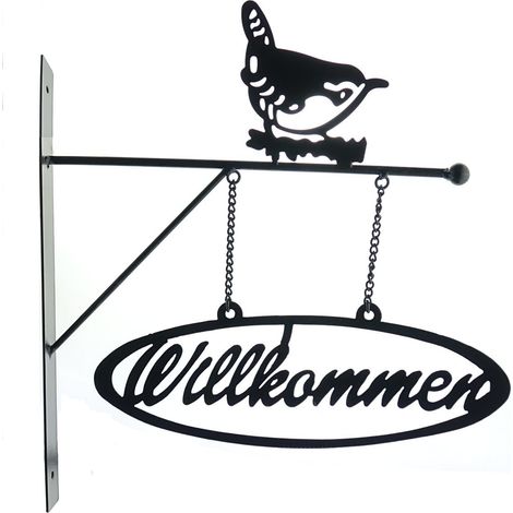 Esschert Design Wandschild Willkommen mit Zaunkönig schwarz matt - Metall
