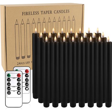 Bougies coniques LED noires avec minuterie à distance, lot de 24 bougies sans flamme de 23 cm fonctionnant sur piles, bougies coniques sans flamme à effet vacillant 3D pour la décoration d'Halloween, (1/5)