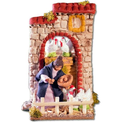 Presepe Bambina con Galline a Movimento 9x14x16cm