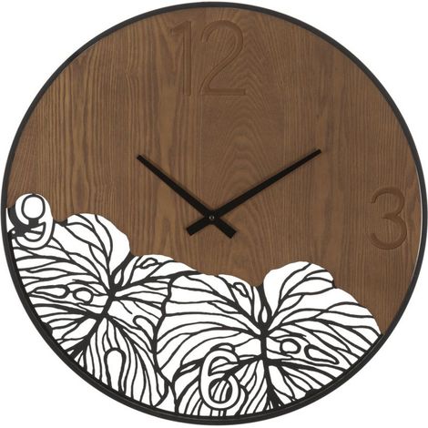 Orologio da parete Wood Leaf in legno e ferro con decoro foglia