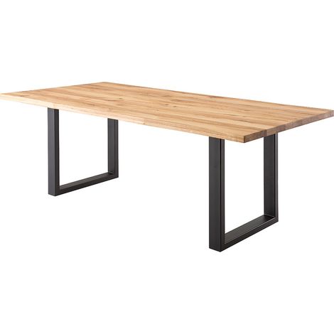 Table de salle à manger en bois hêtre massif huilé coloris chêne sauvage, pieds en métal noir - longueur 180 x hauteur 77 x profondeur 90 cm (1/3)
