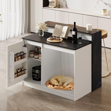 Îlot de cuisine avec comptoir bar, table de cuisine multifonctionnelle avec espace de repos pour animaux, pour cuisine et salle à manger, aspect marbre blanc et noir, 120 × 80 × 100 cm