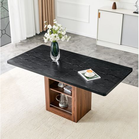 REDOM Esstisch 160x80x75.5 cm, ausziehbar, mit 2 Ebenen Regal, MDF, Schwarz mit nussbaumfarbenem Gestell (1/5)