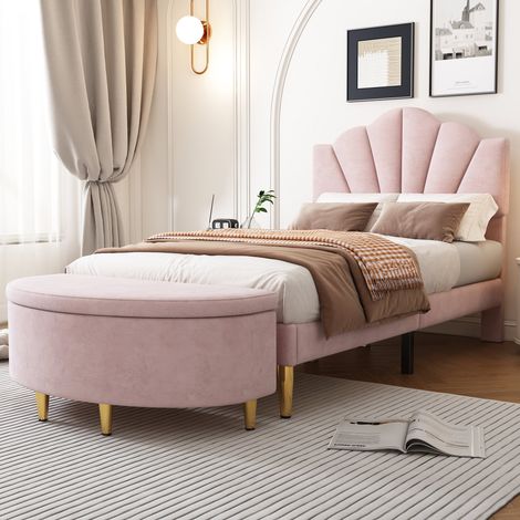 Velvet Upholstered Bed,Single Bed-3ft(90x190cm), Shell-like Bed with Golden Iron Legs, Wooden Slatted Frame, Upholstered Bench with Storage Space(90x40x42cm), Pink (1/5)