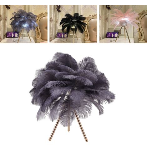 Lampe de table en plumes d'autruche, lampe trépied dorée, lampe de chevet moderne en plumes, décoration intérieure, salon, décoration de mariage, grise (1/5)