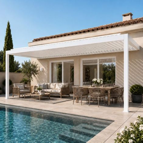 Pergola Bioclimatique Adossée Motorisée Éclairée Aluminium 5x3 Blanc Caleta France (1/5)
