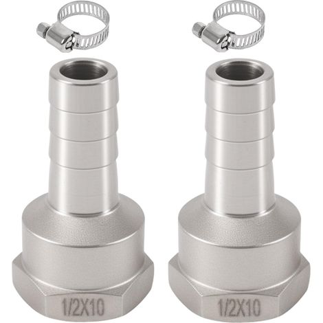 Lot de 2 raccords de tuyau en acier inoxydable 10 mm Barb G1/2" Filetage intérieur Raccord de tuyau avec ardillon Douille de tuyau en acier inoxydable 304 pour eau, gaz, air, huile (1/5)